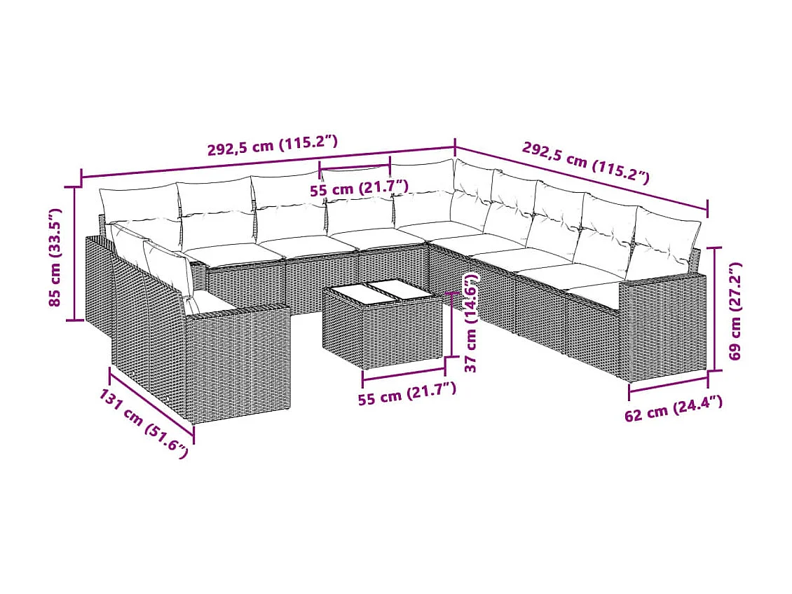 Salon de jardin avec coussins 12 pcs gris clair résine tressée