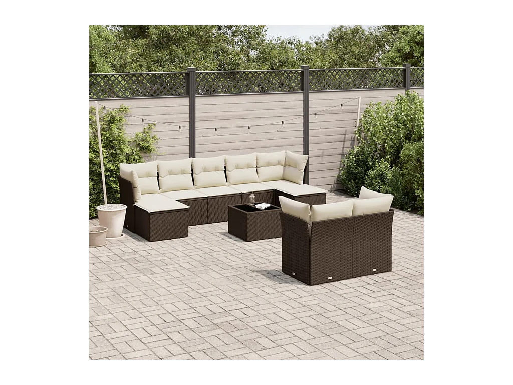 Salon de jardin 10 pcs avec coussins marron résine tressée