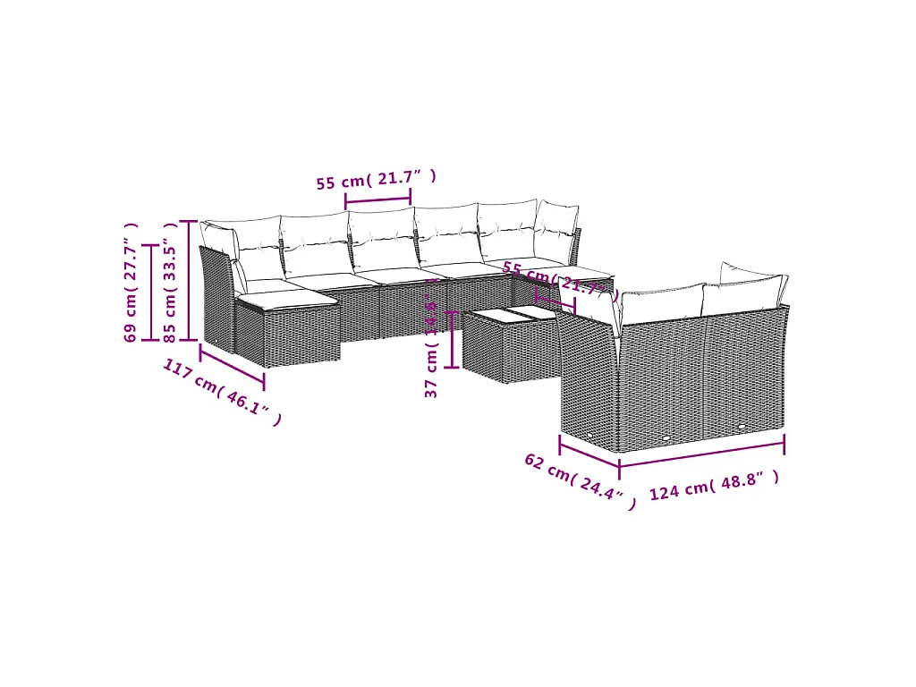 10-delige Loungeset met kussens poly rattan bruin