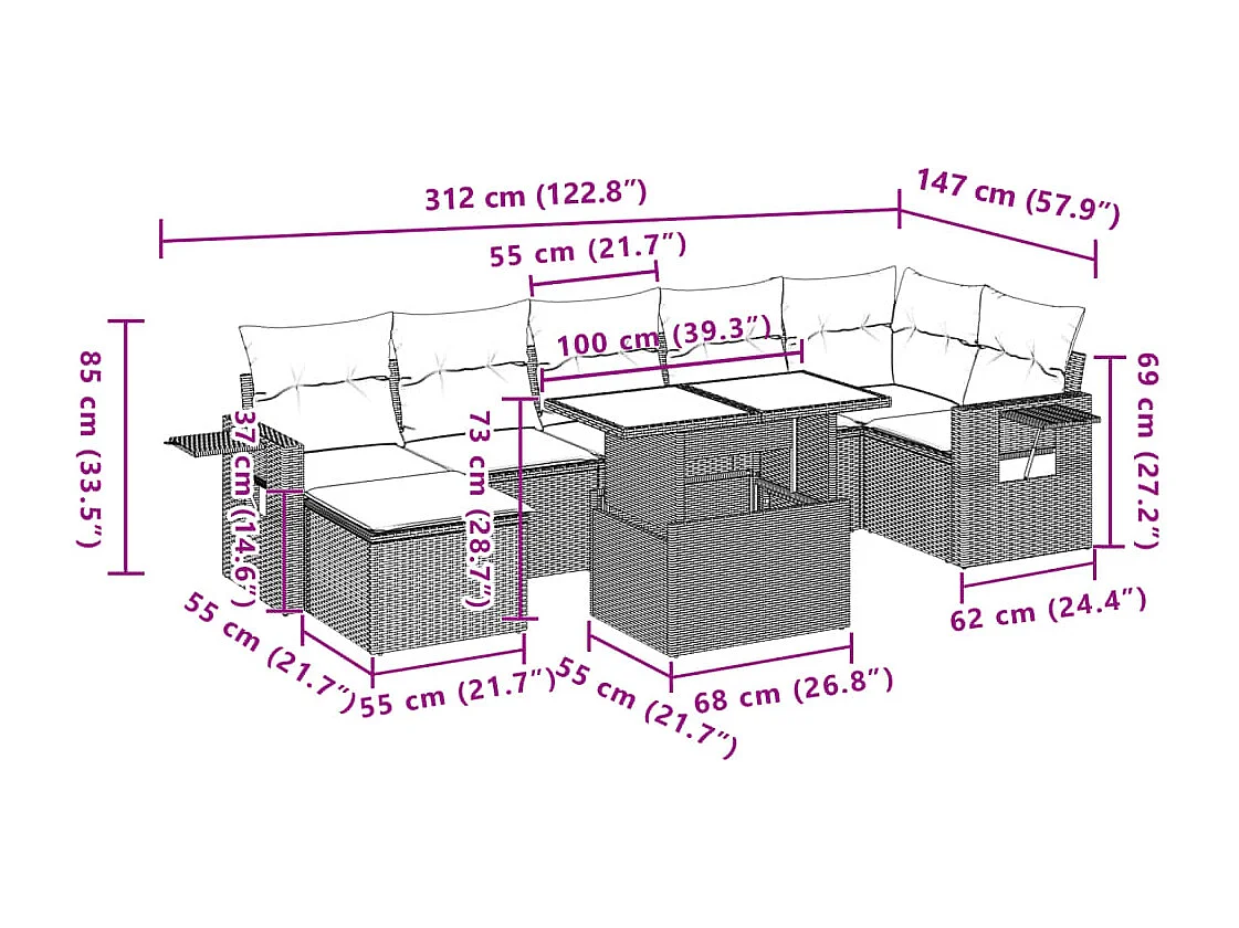 Salon de jardin avec coussins 8 pcs beige résine tressée