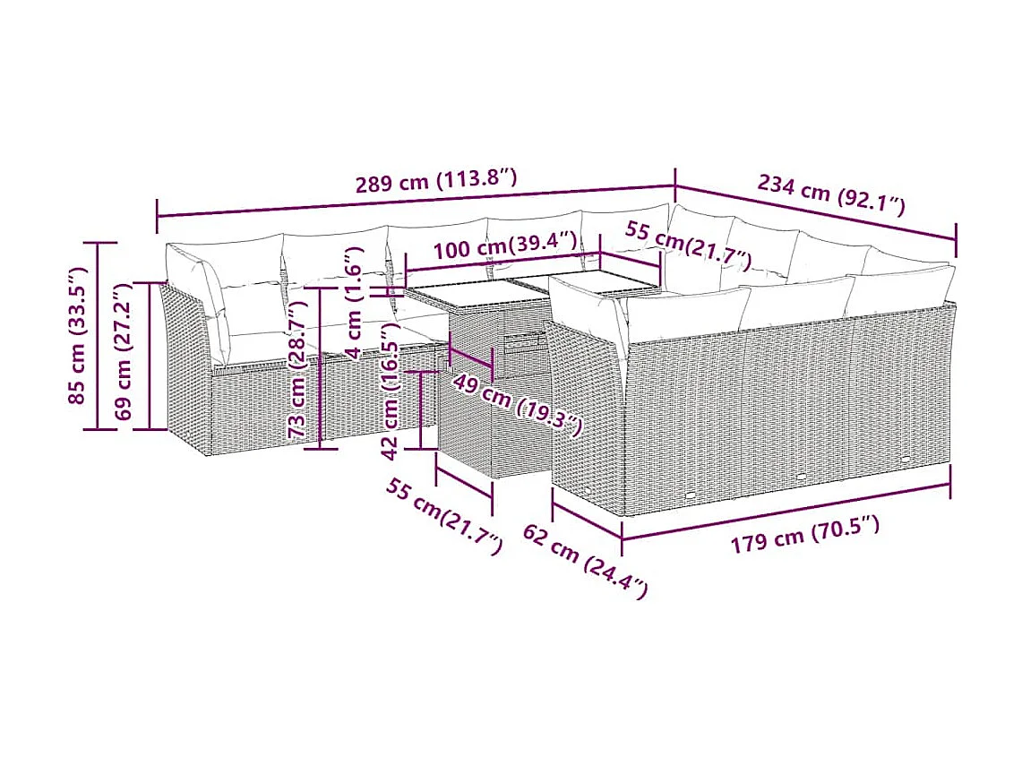 Salon de jardin 11 pcs avec coussins beige résine tressée