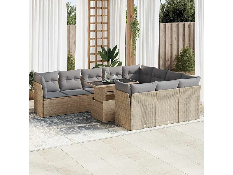 Salon de jardin 11 pcs avec coussins beige résine tressée