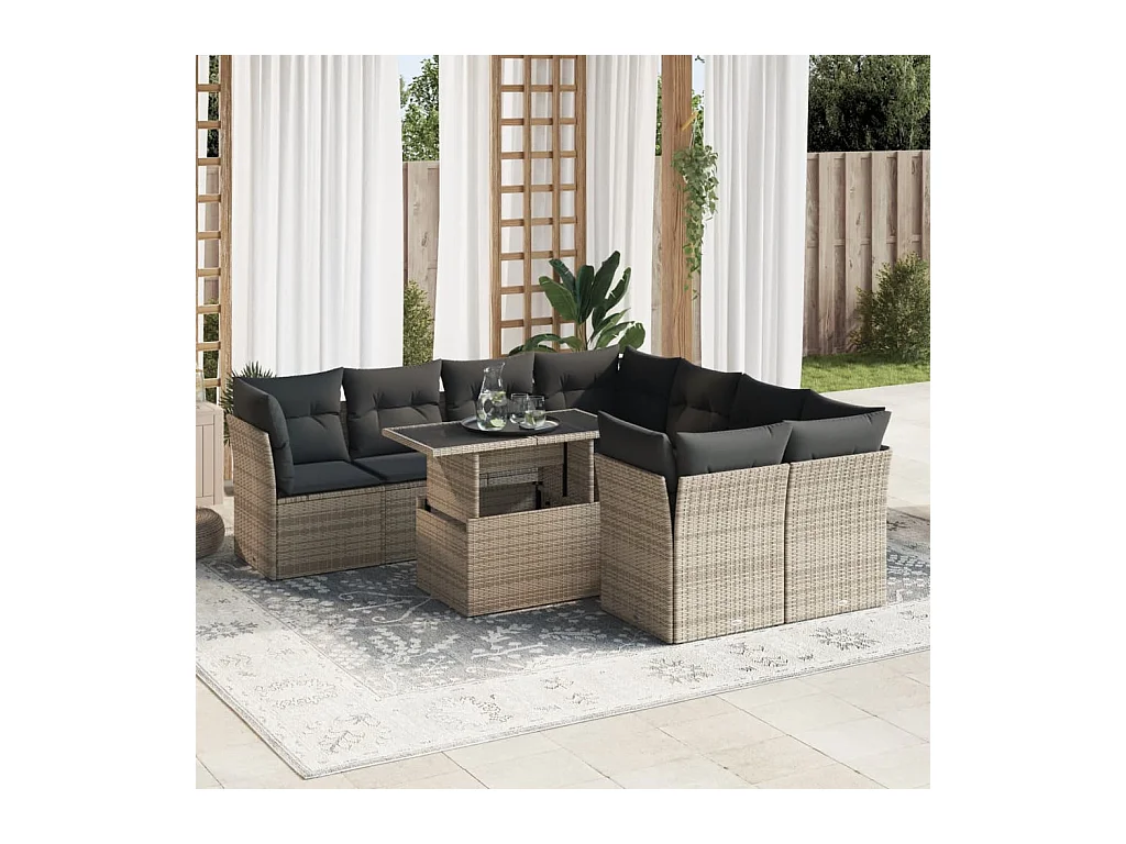 Salon de jardin 9 pcs avec coussins gris résine tressée