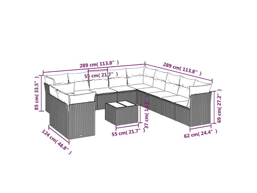 12-delige Loungeset met kussens poly rattan bruin