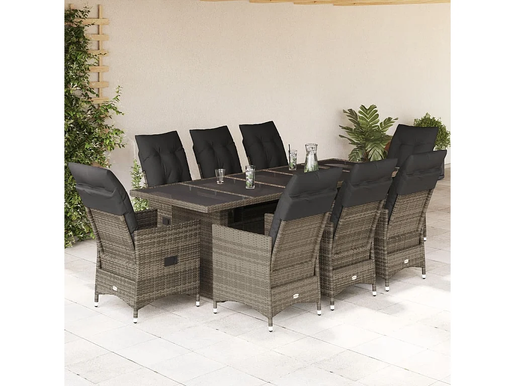 9-delige Bistroset met kussens poly rattan grijs