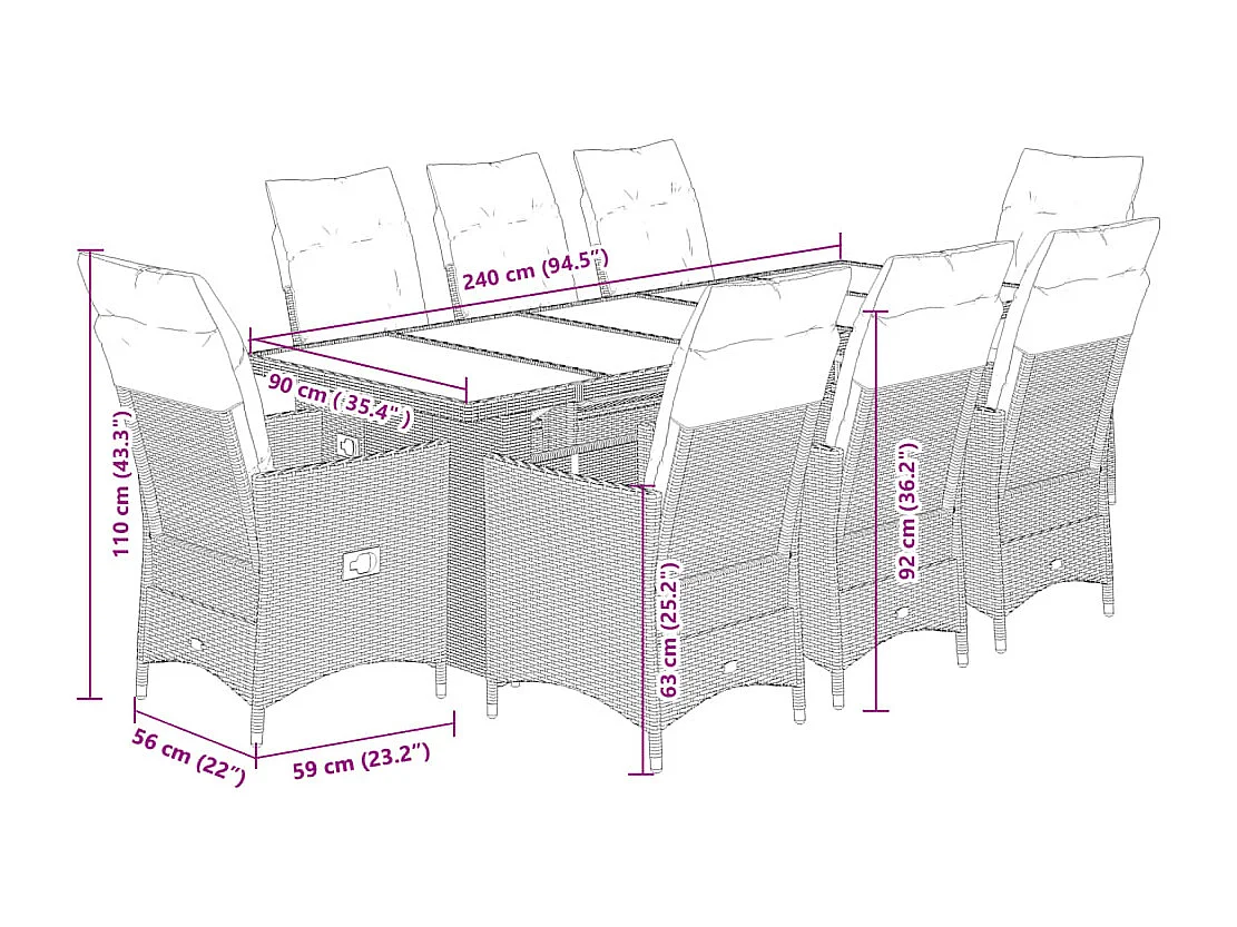 9-delige Bistroset met kussens poly rattan grijs