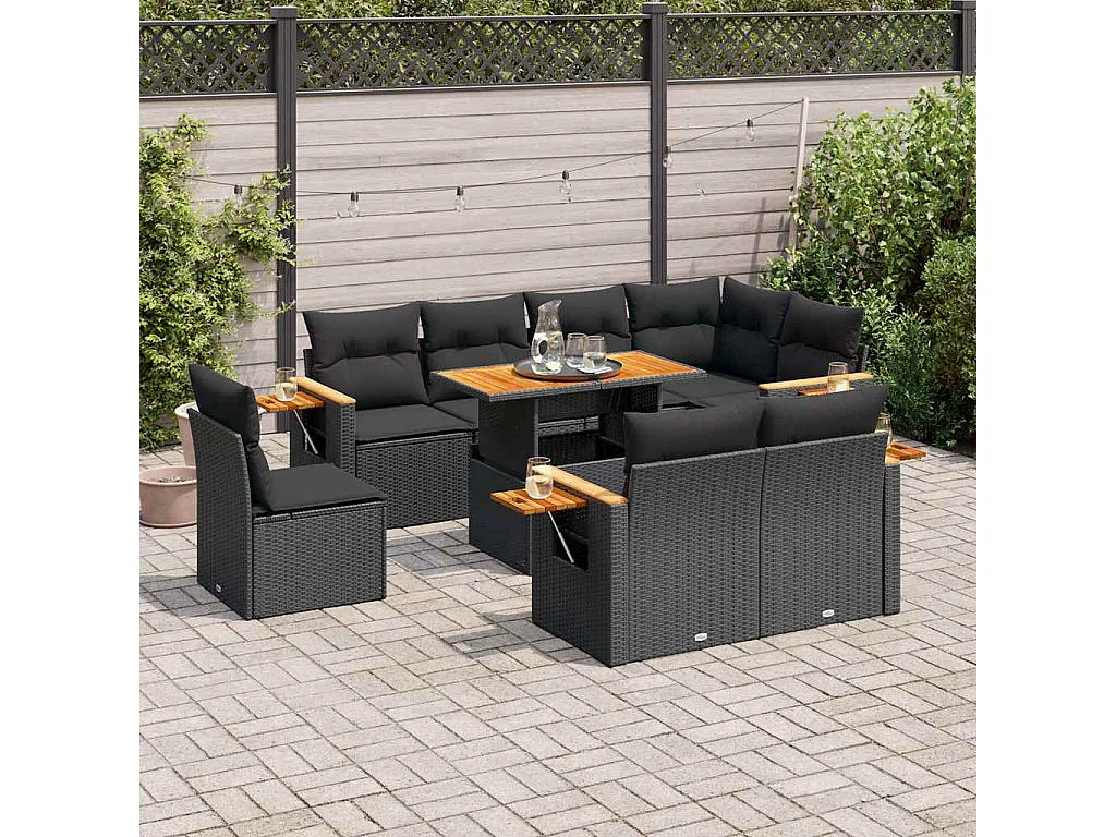 Set Divani da Giardino 9 pz con Cuscini Nero Polyrattan Acacia