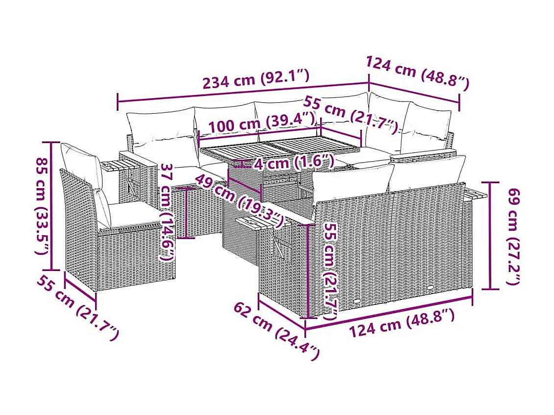 Salon de jardin avec coussins 9 pcs noir résine tressée acacia