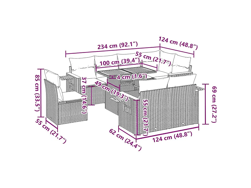 9-delige Loungeset met kussens poly rattan acacia zwart