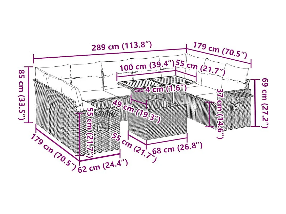 Salon de jardin avec coussins 10 pcs beige résine tressée