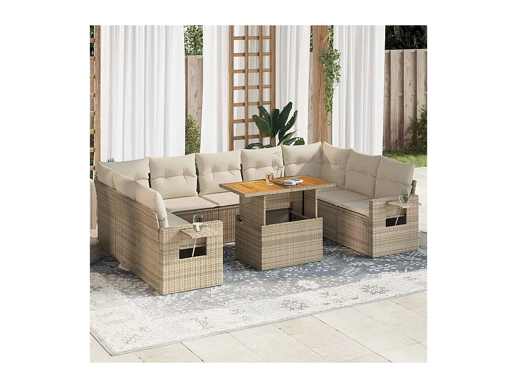 Set Divano da Giardino 10 pz con Cuscini Beige in Polyrattan