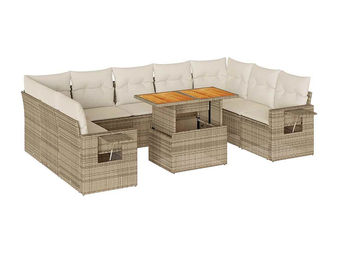 Salon de jardin avec coussins 10 pcs beige résine tressée