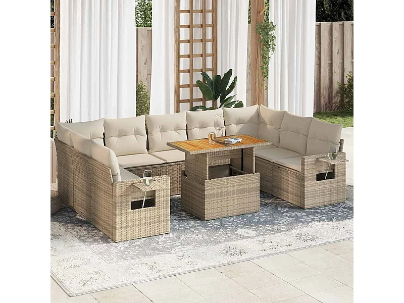 Salon de jardin avec coussins 10 pcs beige résine tressée