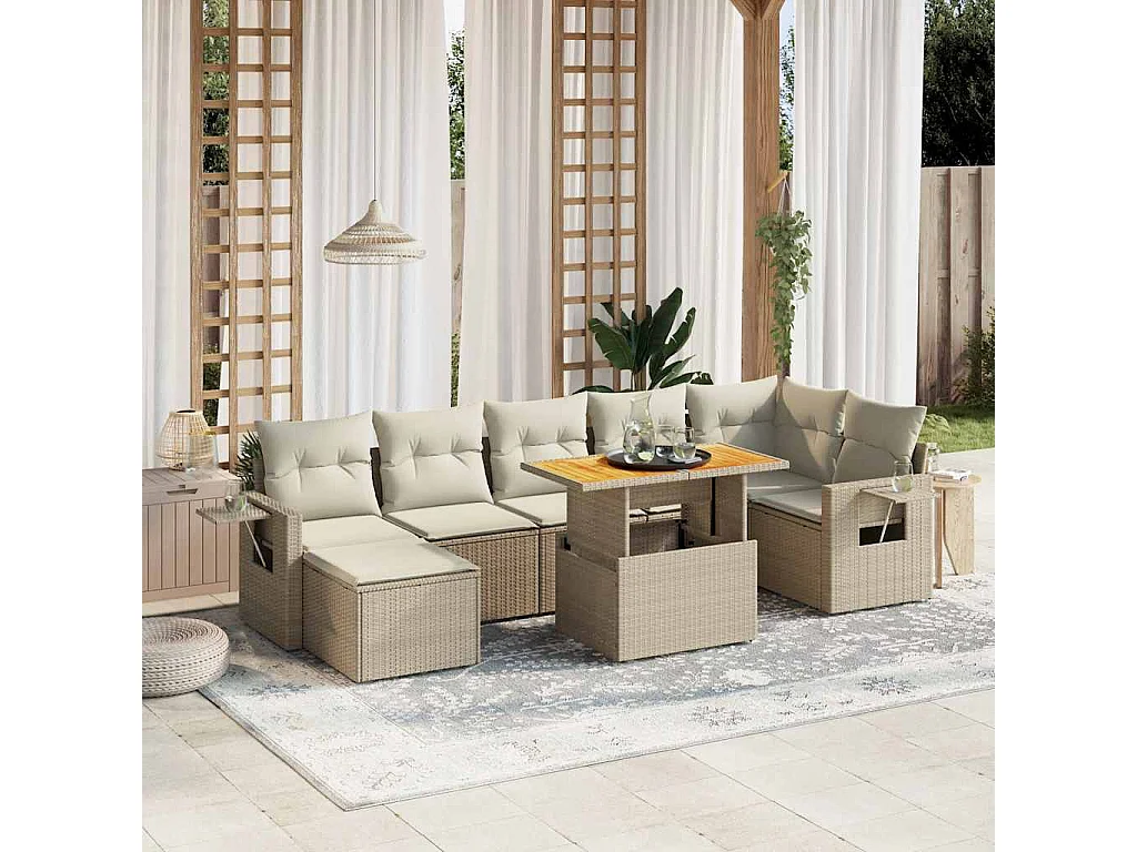 Salon de jardin avec coussins 8 pcs beige résine tressée