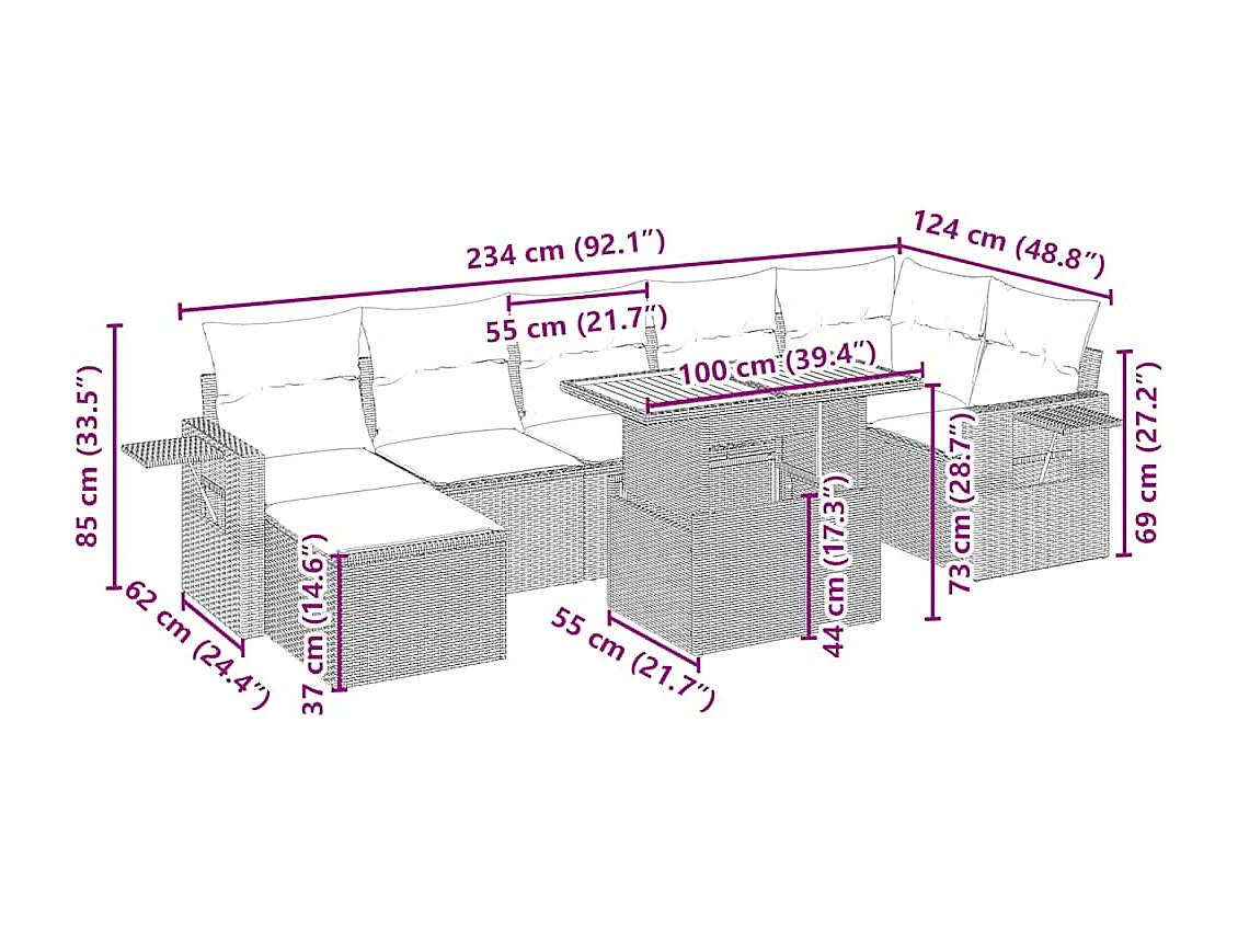 Salon de jardin avec coussins 8 pcs beige résine tressée