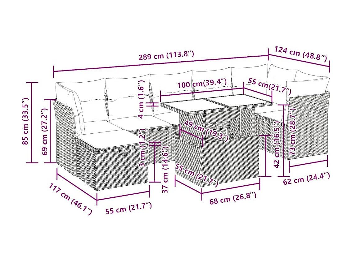 Salon de jardin avec coussins 8 pcs beige résine tressée