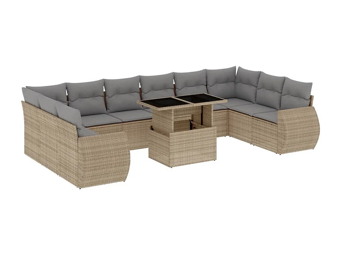 11 pcs conjunto sofás de jardim c/ almofadões vime PE bege