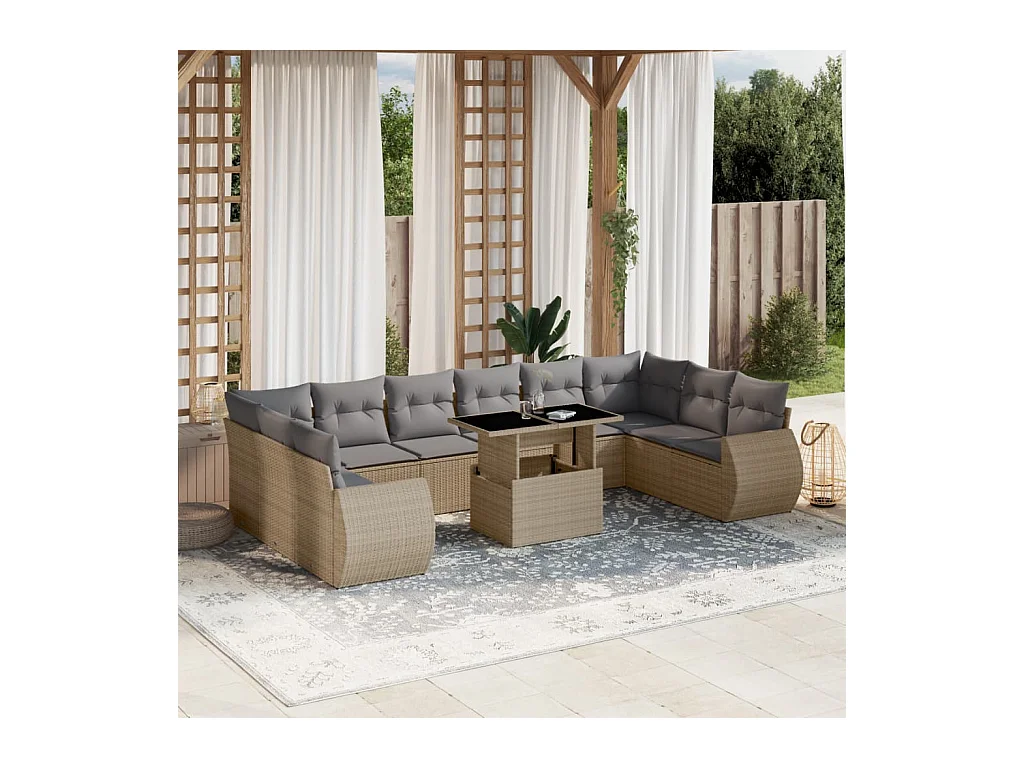 Salon de jardin 11 pcs avec coussins beige résine tressée