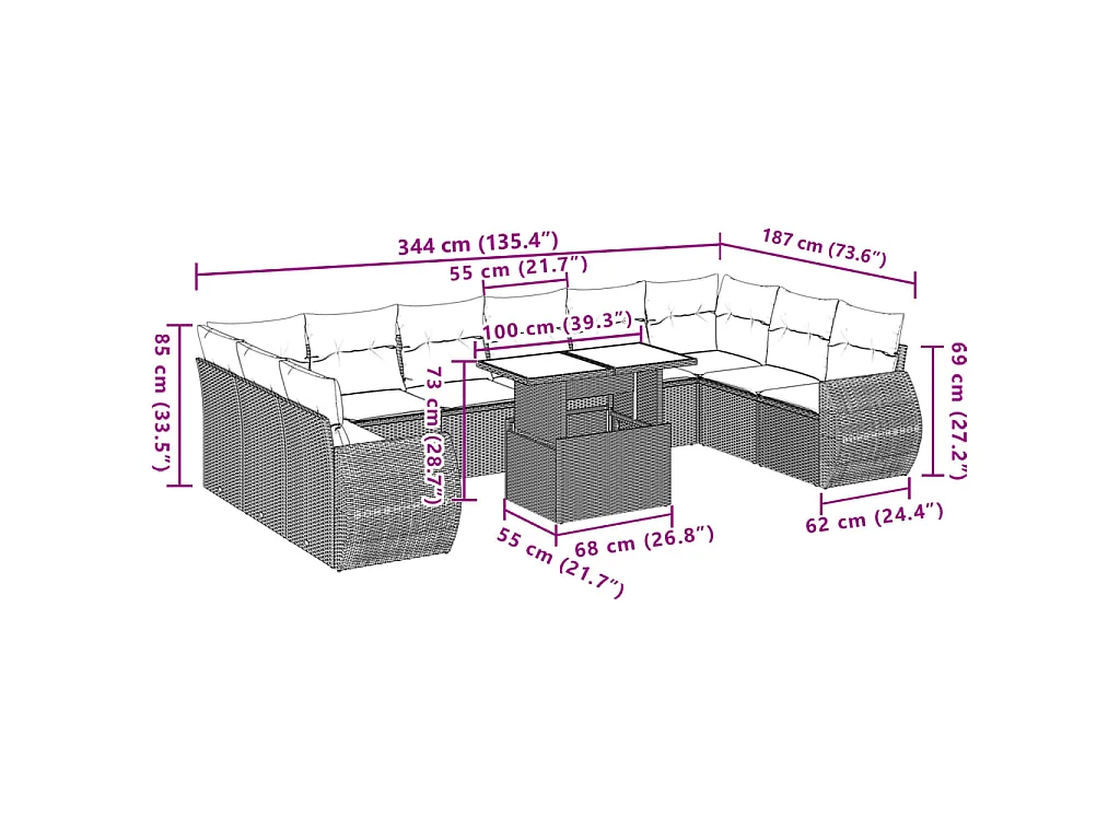 11-delige Tuinset met kussens poly rattan beige