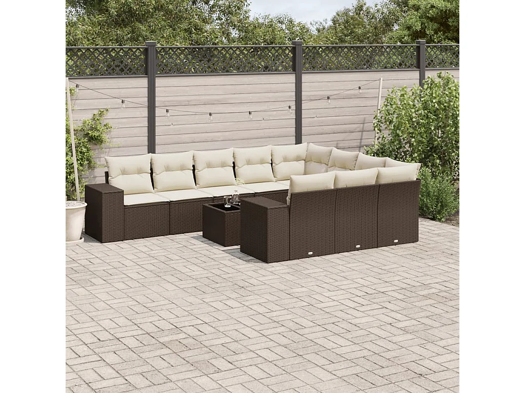 11 pcs conjunto sofás de jardim c/ almofadões vime PE castanho
