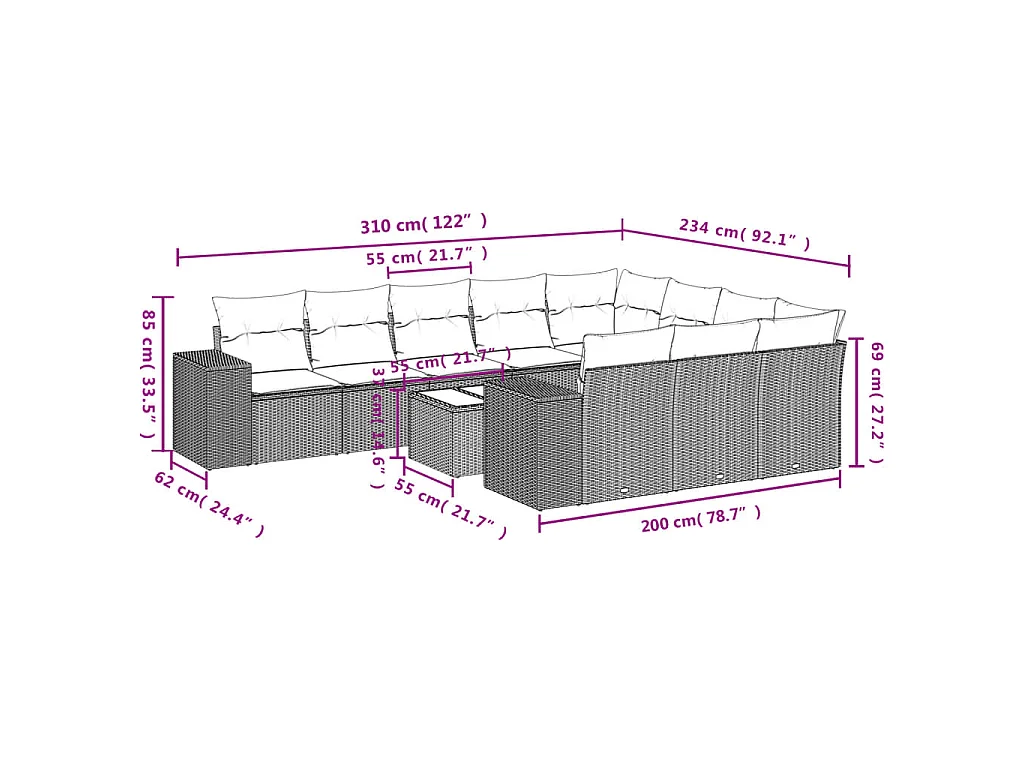 11 pcs conjunto sofás de jardim c/ almofadões vime PE castanho