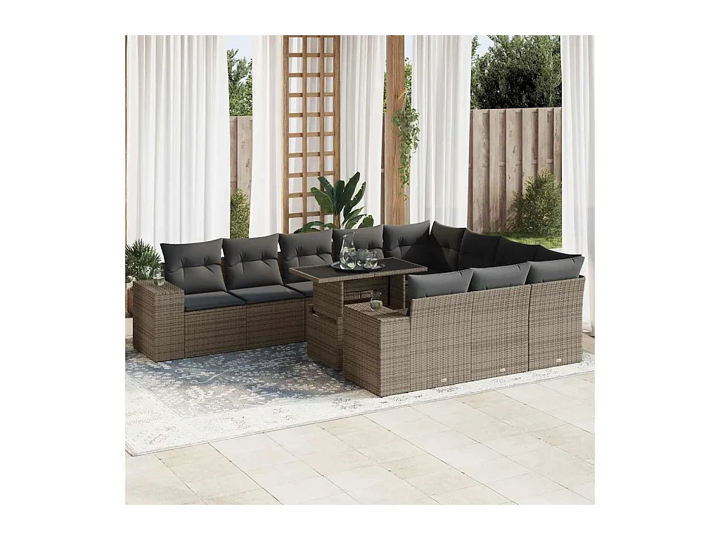 Salon de jardin 11 pcs avec coussins gris résine tressée