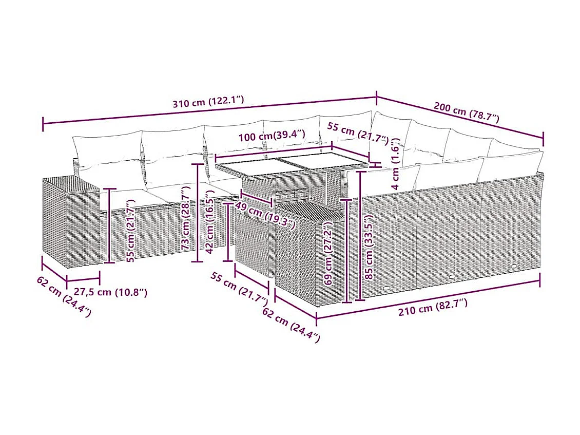 Salon de jardin 11 pcs avec coussins gris résine tressée