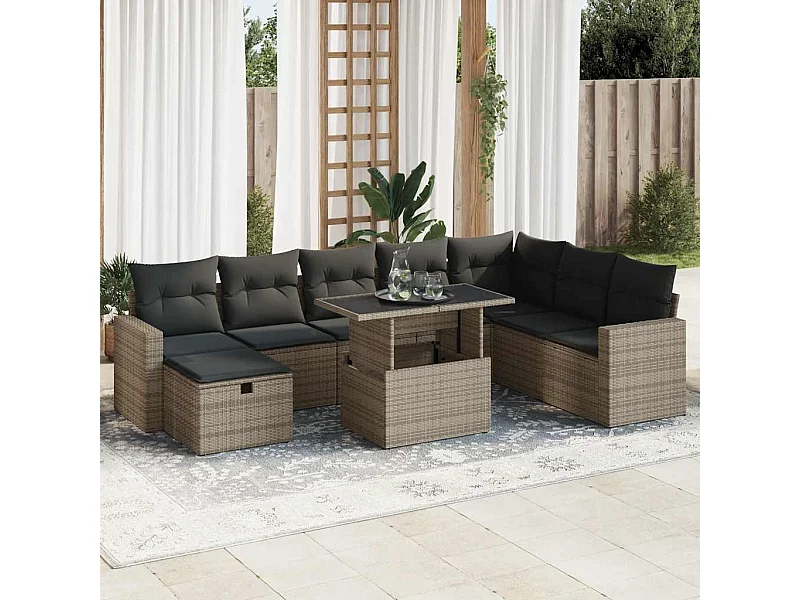 Set Divano da Giardino 9 pz con Cuscini Grigio in Polyrattan