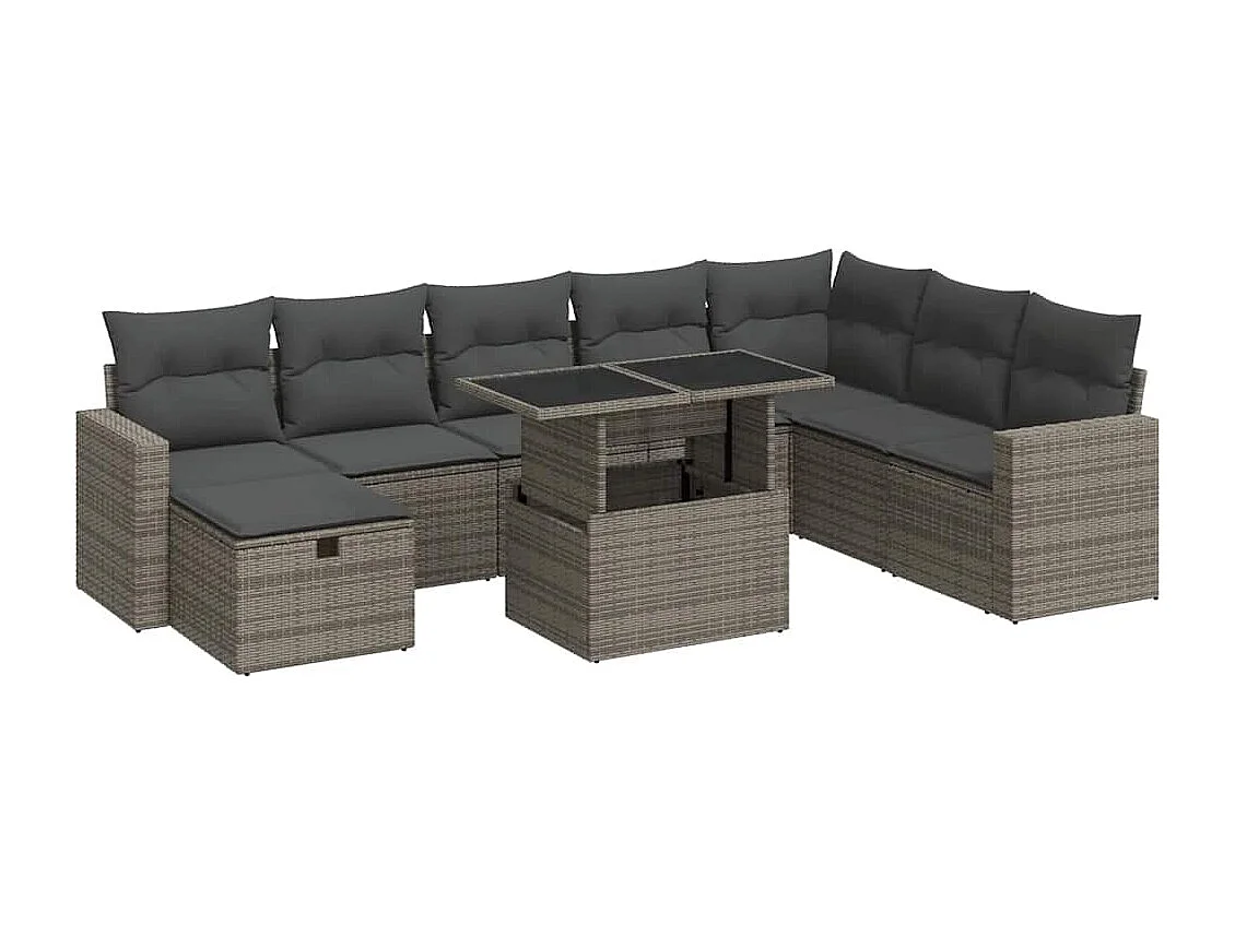 Set Divano da Giardino 9 pz con Cuscini Grigio in Polyrattan