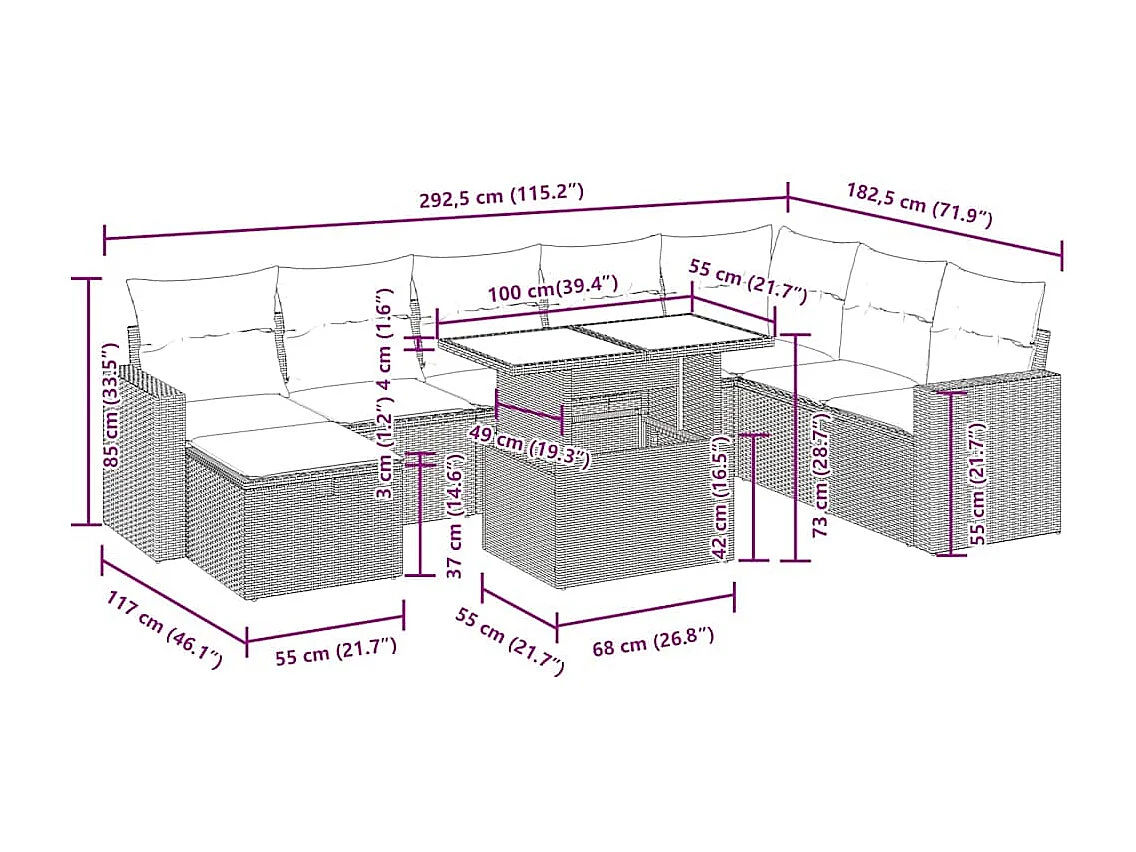 Set Divano da Giardino 9 pz con Cuscini Grigio in Polyrattan