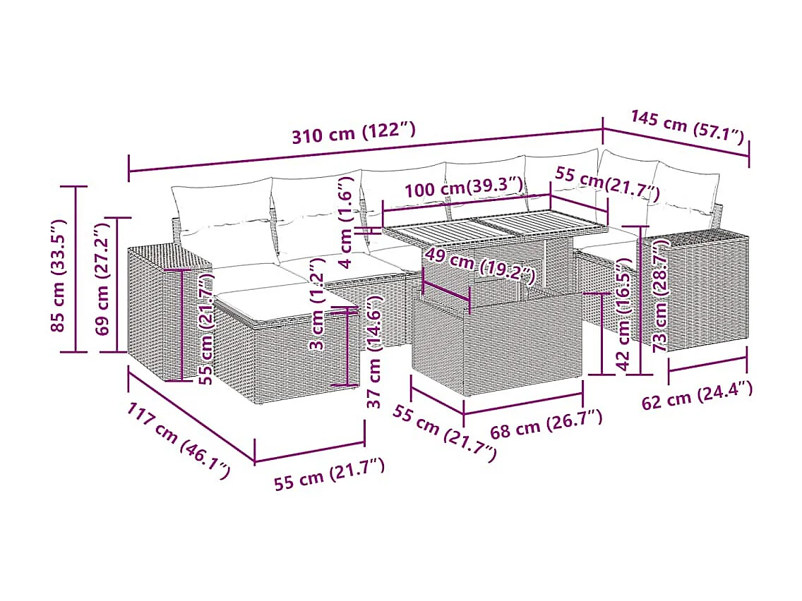 8 pcs conjunto sofás de jardim com almofadões vime PE preto