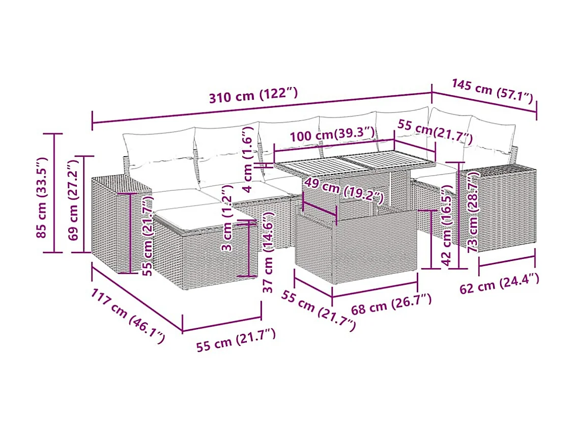 8 pcs conjunto sofás de jardim com almofadões vime PE preto