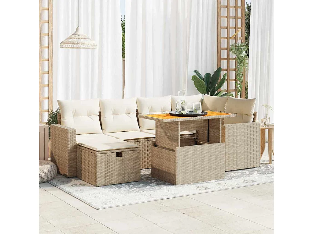 Salon de jardin avec coussins 8 pcs beige résine tressée acacia