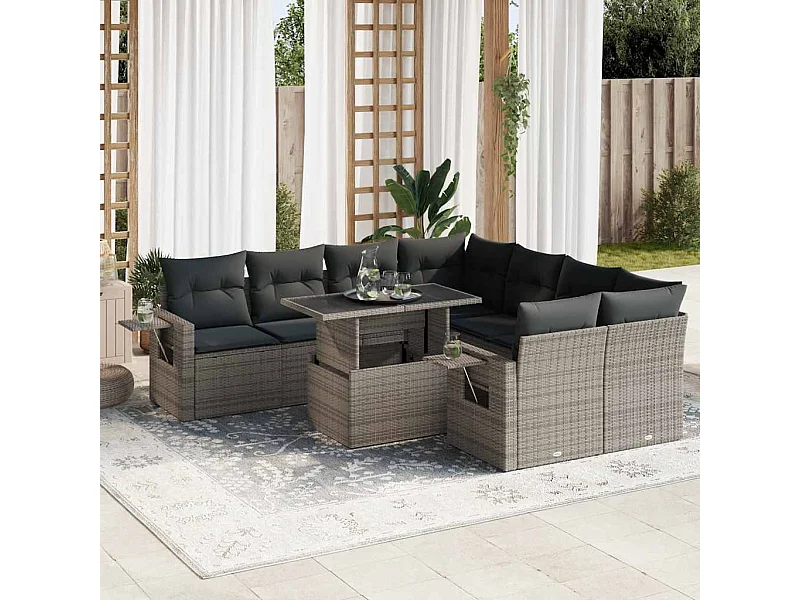 9-tlg. Garten-Sofagarnitur mit Kissen Grau Poly Rattan