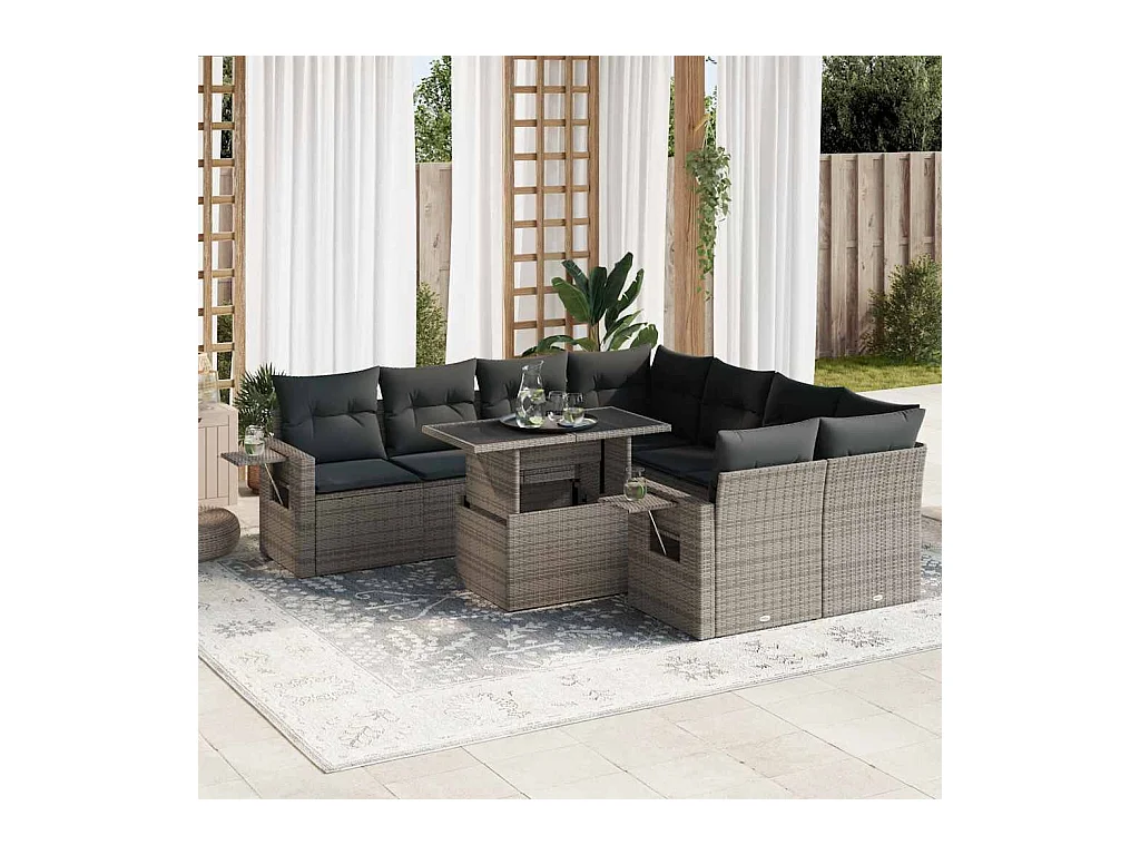 Salon de jardin 9 pcs avec coussins gris résine tressée