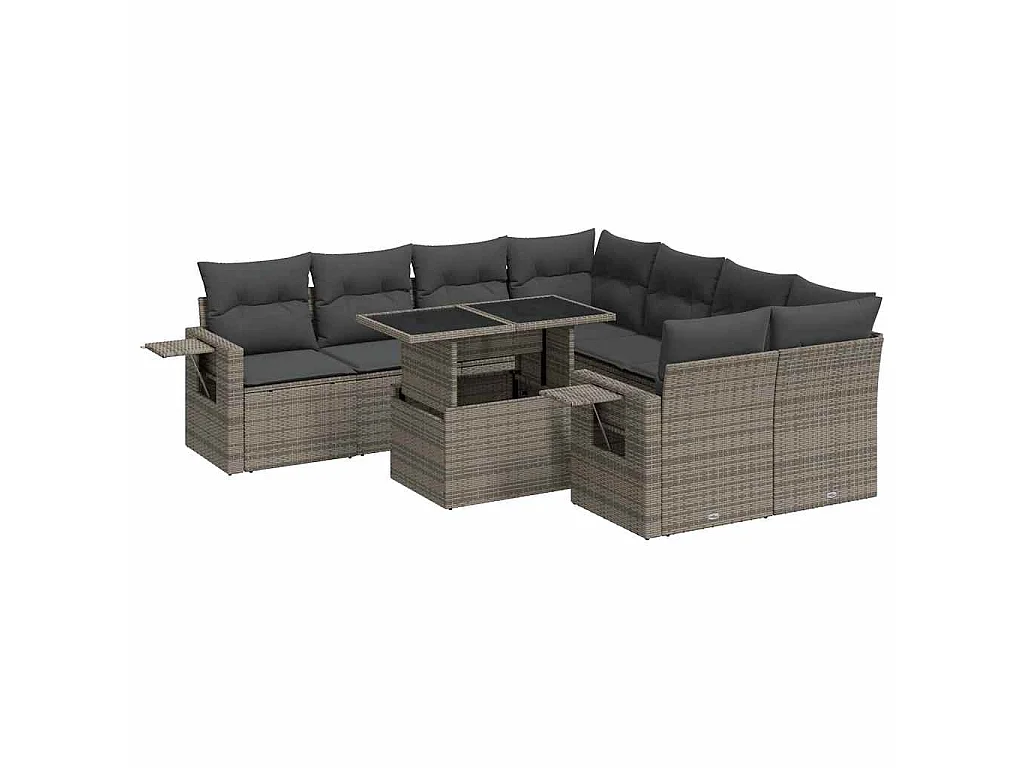 9-tlg. Garten-Sofagarnitur mit Kissen Grau Poly Rattan