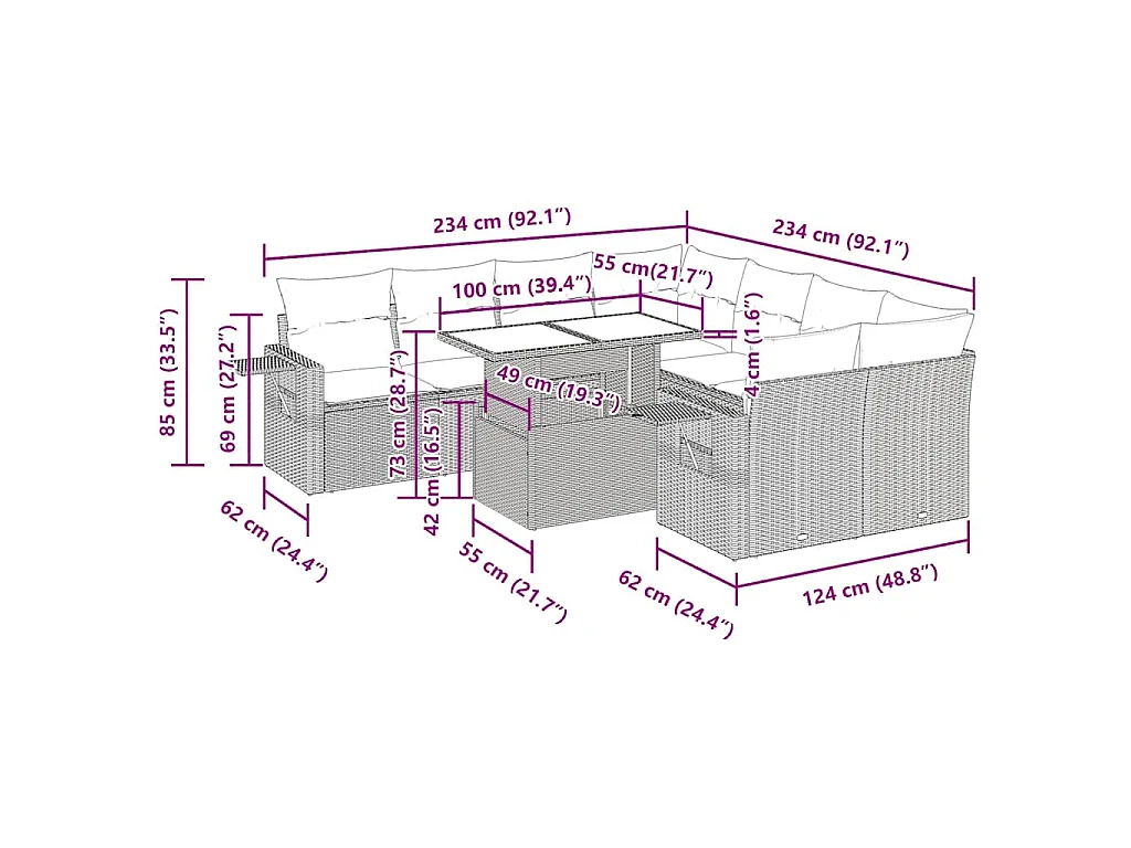 9-tlg. Garten-Sofagarnitur mit Kissen Grau Poly Rattan