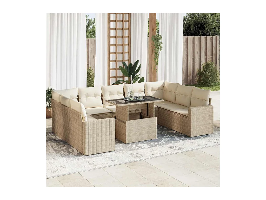 Salon de jardin avec coussins 10 pcs beige résine tressée