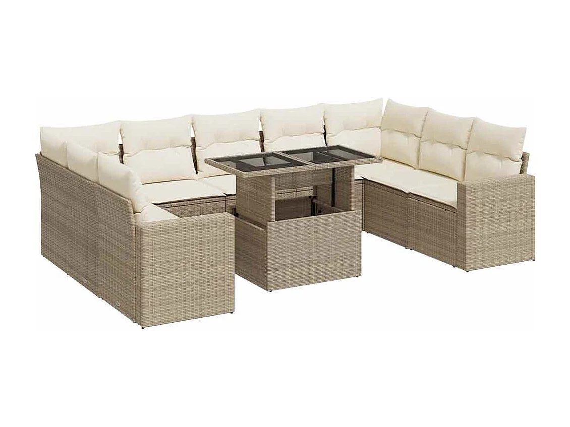 10-tlg. Garten-Sofagarnitur mit Kissen Beige Poly Rattan
