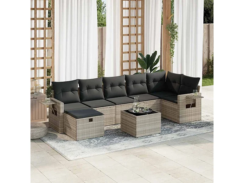 Salon de jardin 8 pcs avec coussins gris clair résine tressée