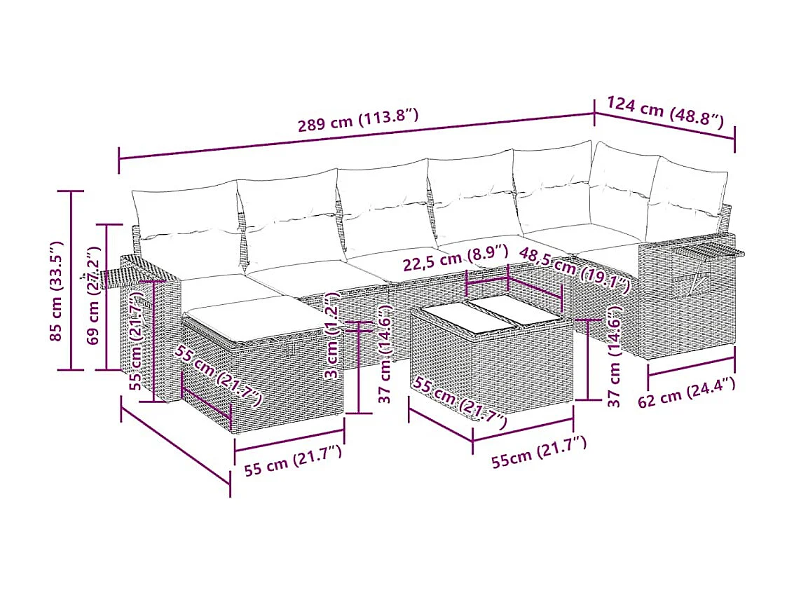 Salon de jardin 8 pcs avec coussins gris clair résine tressée
