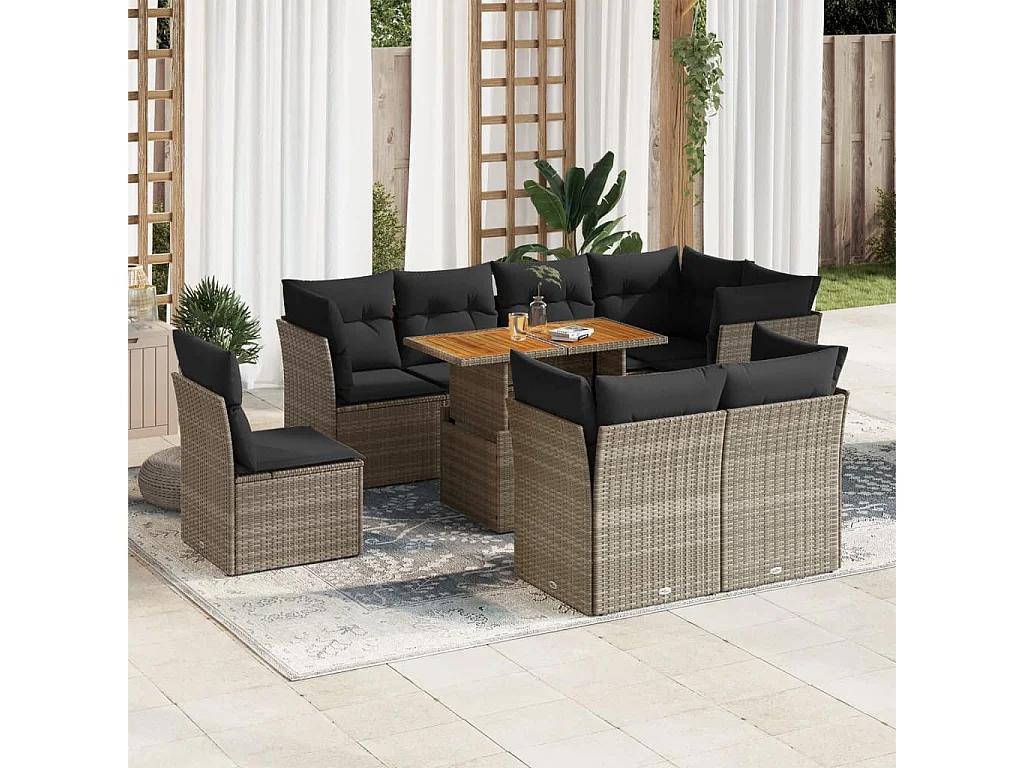Set de sofás de jardín con cojines 9 pzas ratán sintético gris