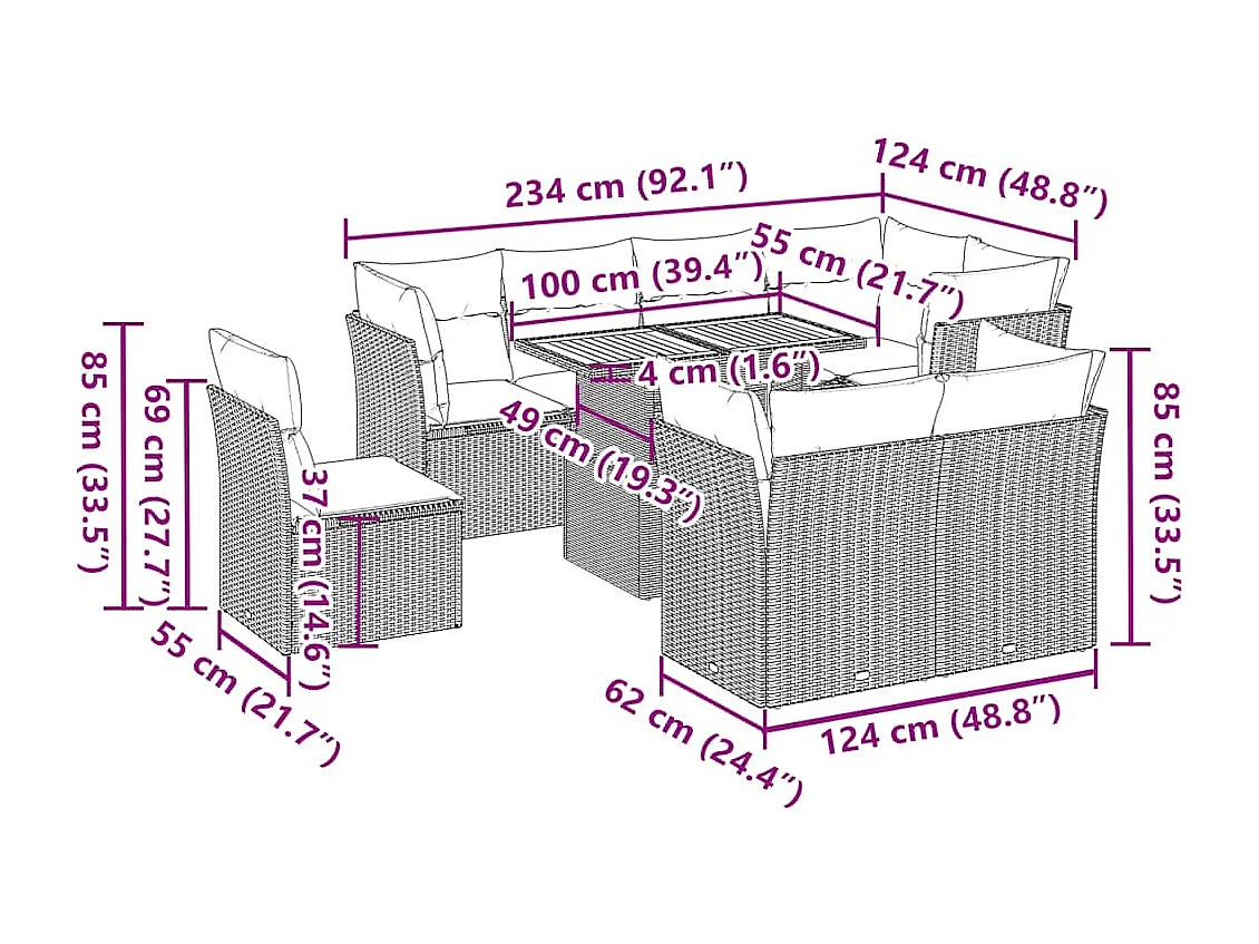 Salon de jardin 9 pcs avec coussins gris résine tressée