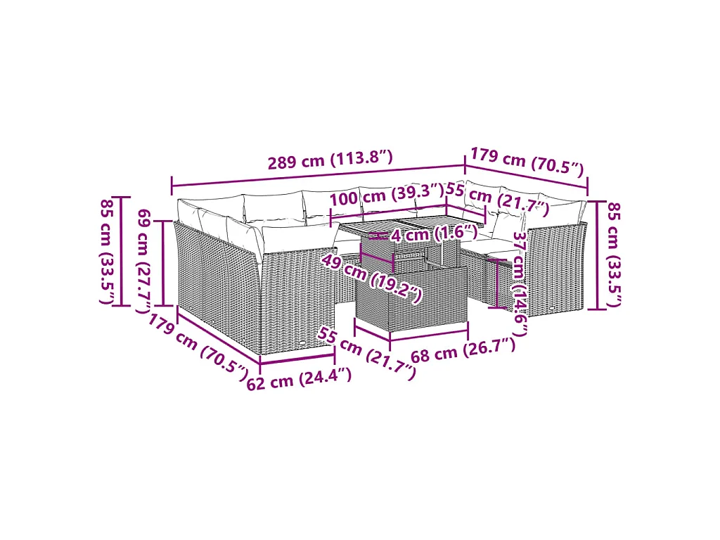 10-delige Loungeset met kussens poly rattan grijs
