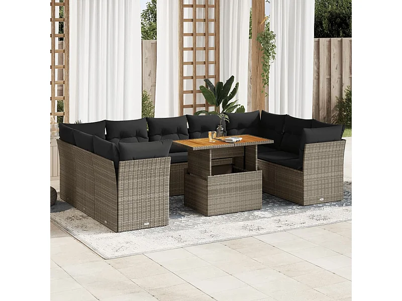 10-tlg. Garten-Sofagarnitur mit Kissen Grau Poly Rattan