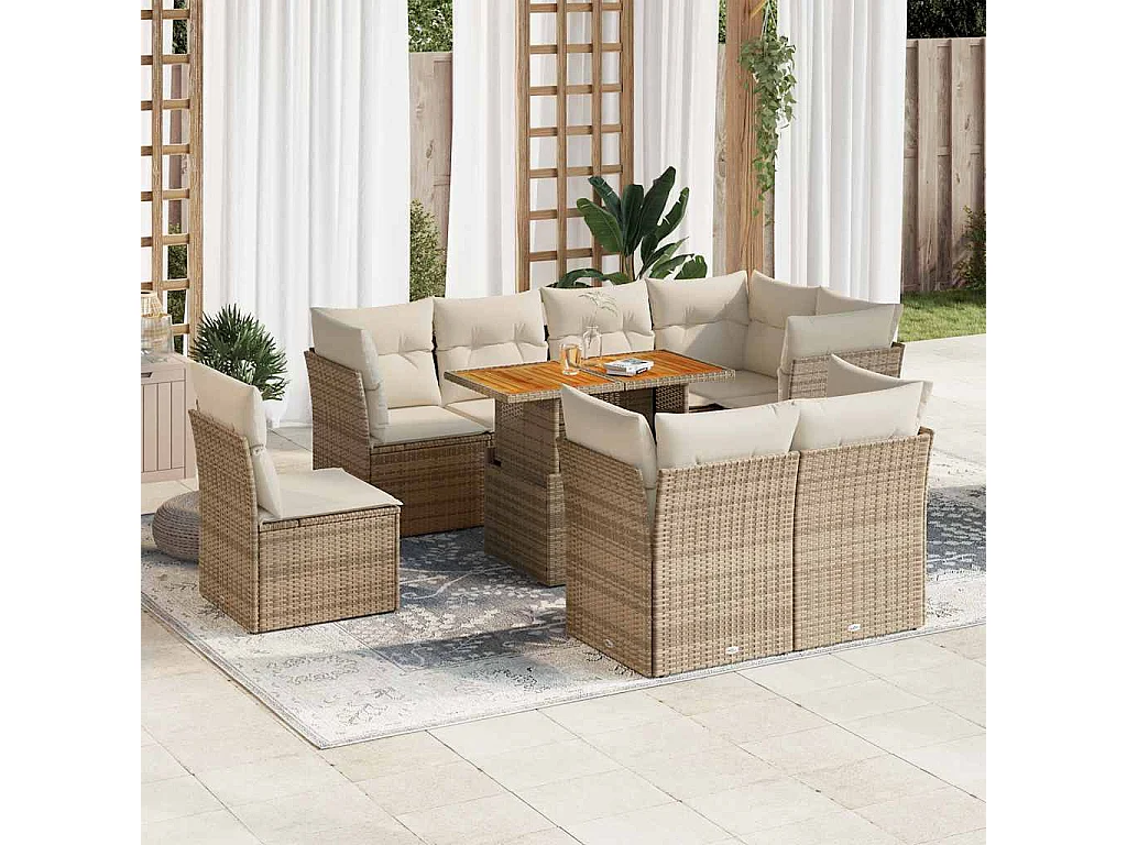 Salon de jardin avec coussins 9 pcs beige résine tressée