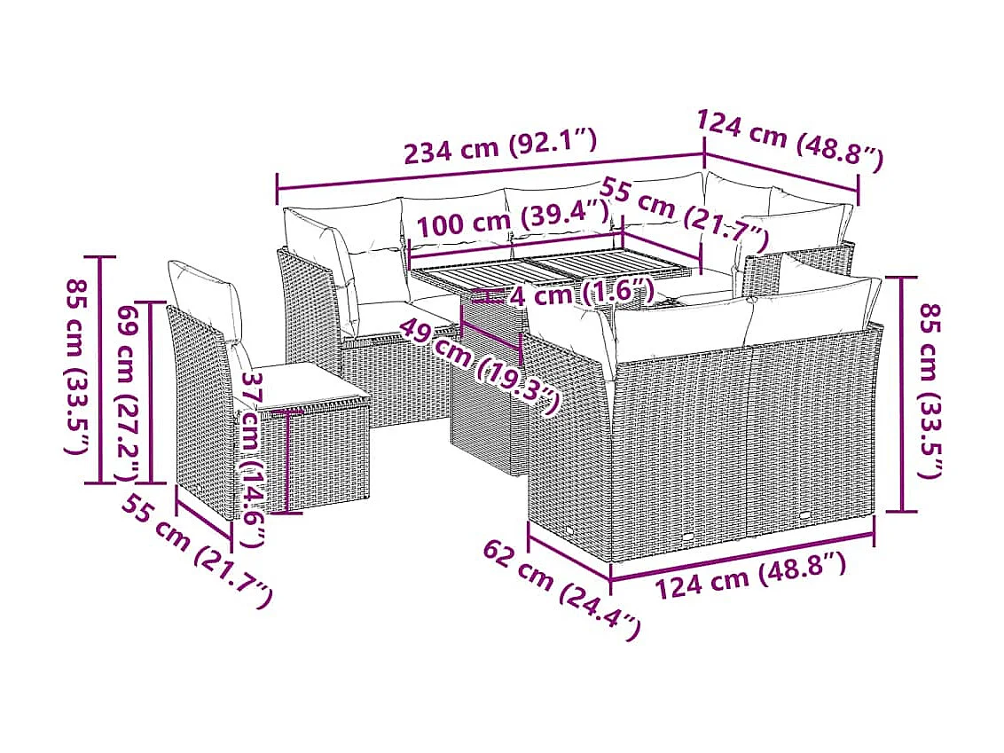 Salon de jardin avec coussins 9 pcs beige résine tressée