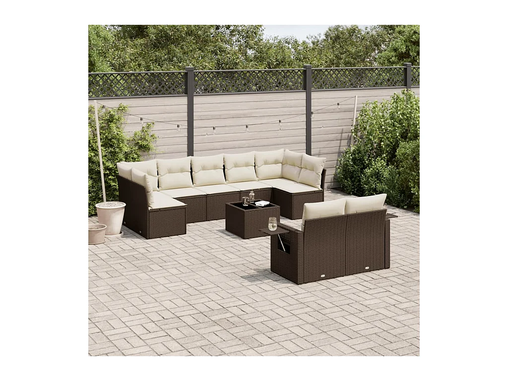 10-delige Loungeset met kussens poly rattan bruin