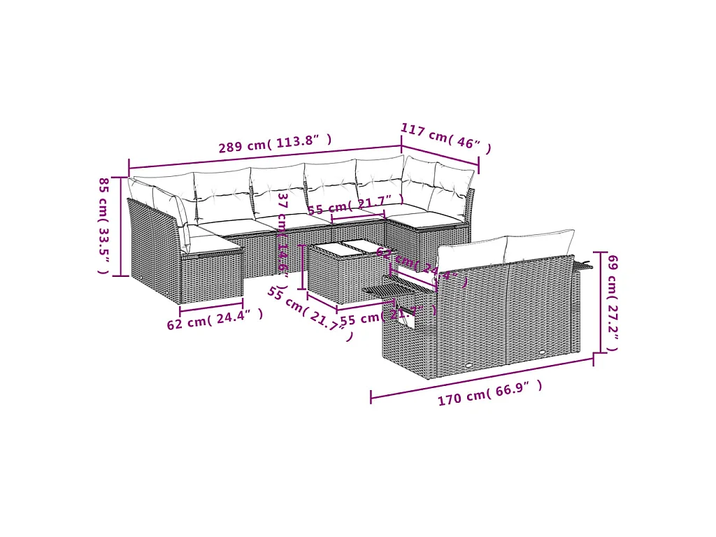 10-delige Loungeset met kussens poly rattan bruin