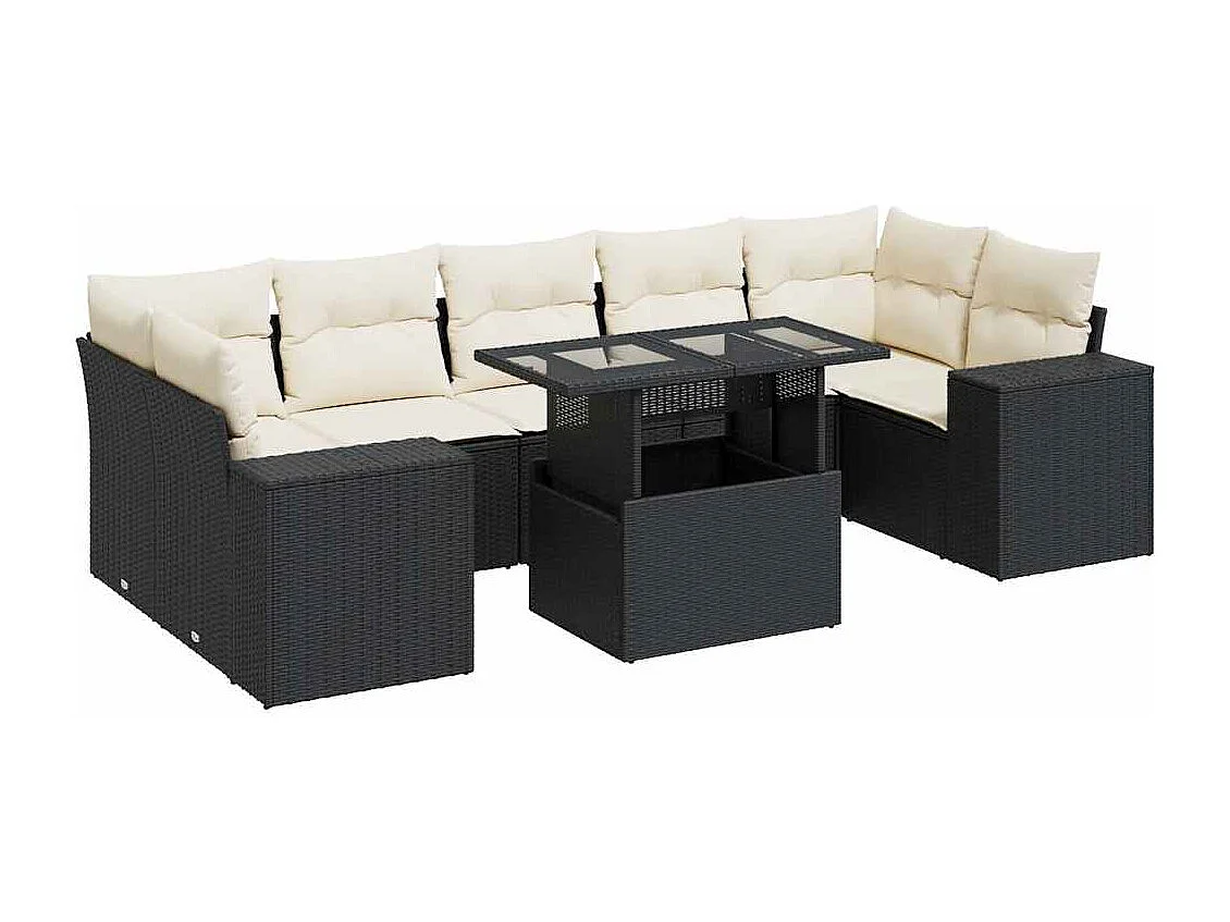 Salon de jardin 8 pcs avec coussins noir résine tressée